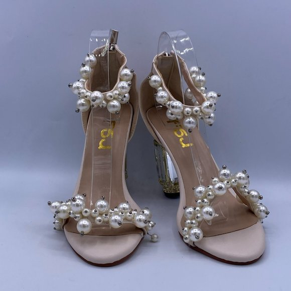 FSJ Shoes - FSJ Pearl Bridal Peep Toe Chunky High Heel Crystal